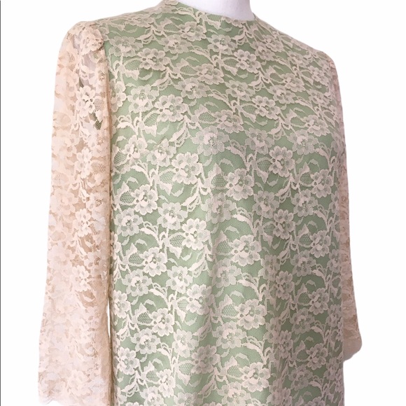 Vintage 60's Cream Lace Over Green Shift Dress Medium - Picture 7 of 13